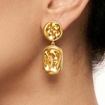 PRAO Earrings Anti-Tarnish Tiered Hammered Round & Rectangle Drop