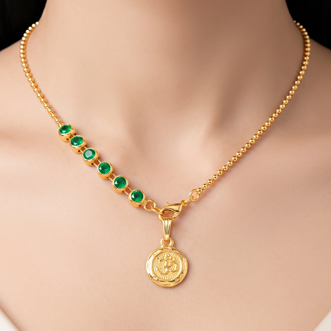 PRAO Necklace Anti-Tarnish Om Medallion Chain With Emerald Gemstones