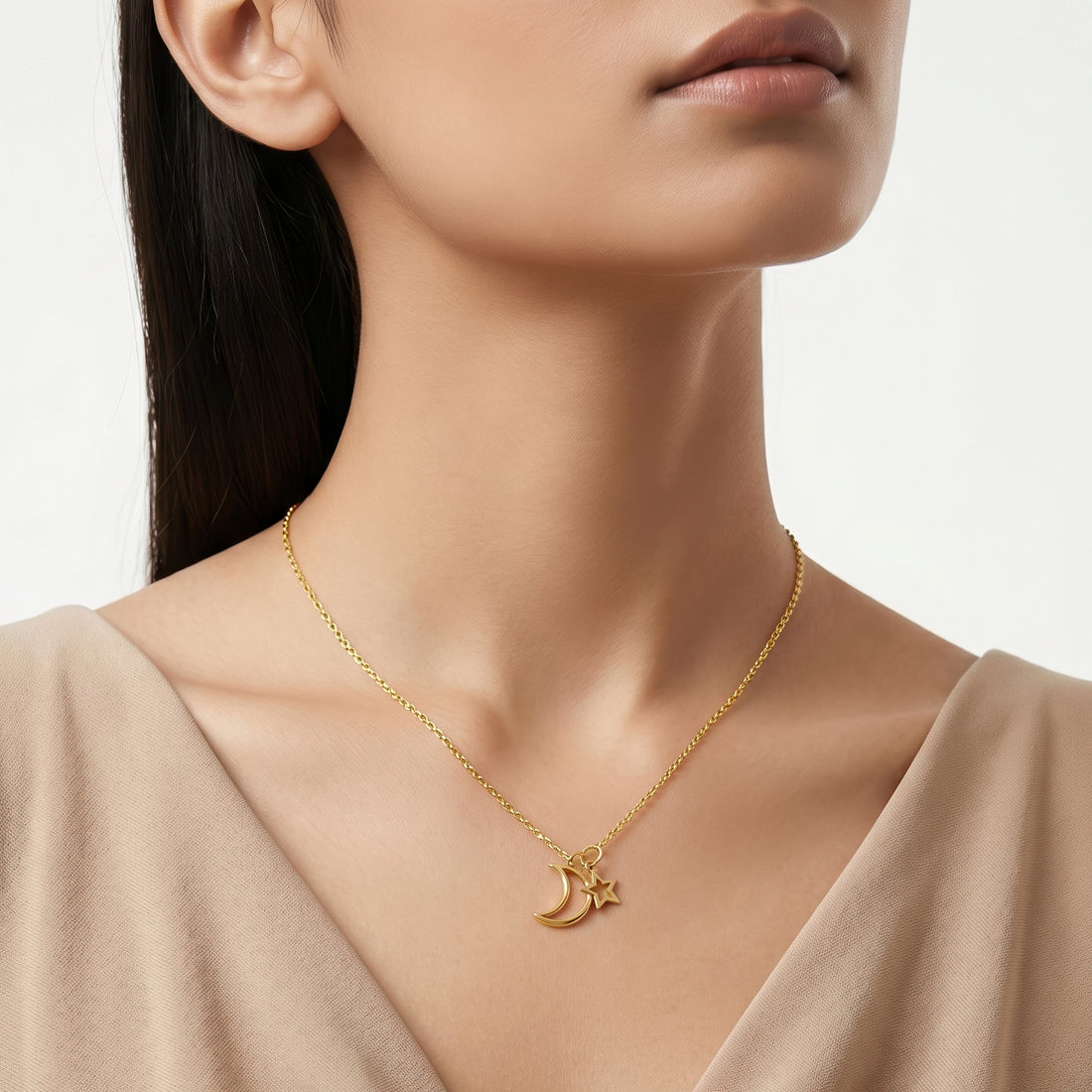 PRAO Necklace Anti-Tarnish Hollow Moon And Star Charms Minimalist