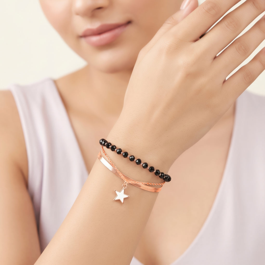 PRAO Bracelet Anti-Tarnish Black Bead Star Chain (Adjustable Size)