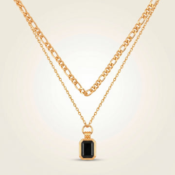 PRAO Necklace Anti-Tarnish Double Layer Figaro Curb Chain Enamel Pendant