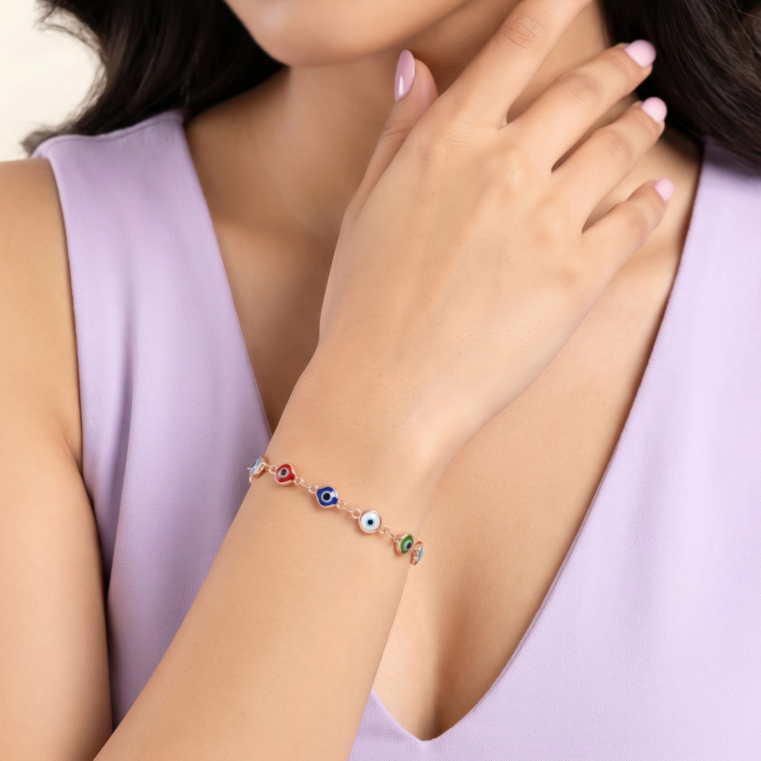 PRAO Bracelet Anti-Tarnish Delicate Evil Eye Motif Chain With Multicolored Accents (Adjustable Size)