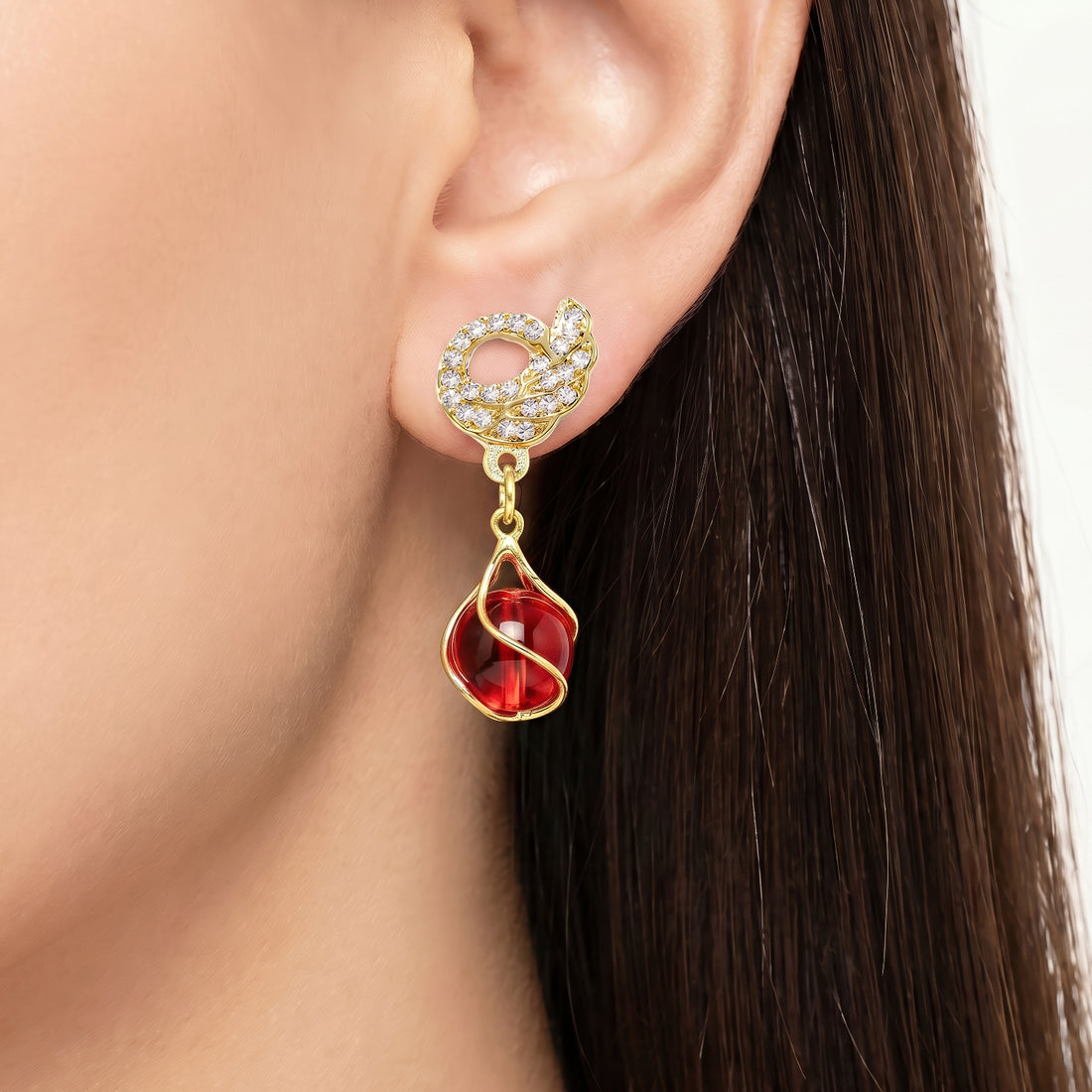 PRAO Earrings Anti-Tarnish Dangles With Crystal Wings And Red Sphere Drops