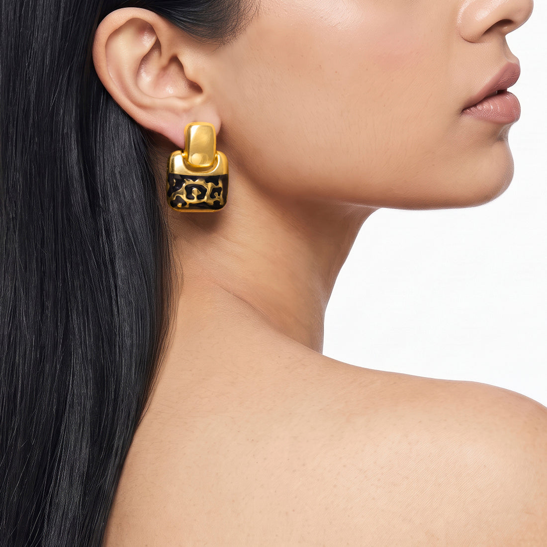 PRAO Earrings Anti-Tarnish Square Studs With Black Textured Inlay