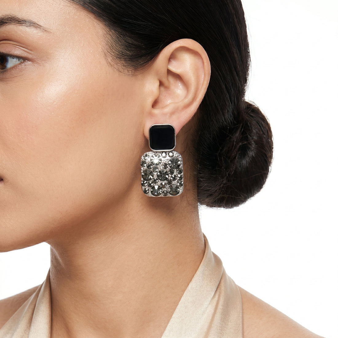 PRAO Earrings Anti-Tarnish Square Black Crystal Mini Dangles