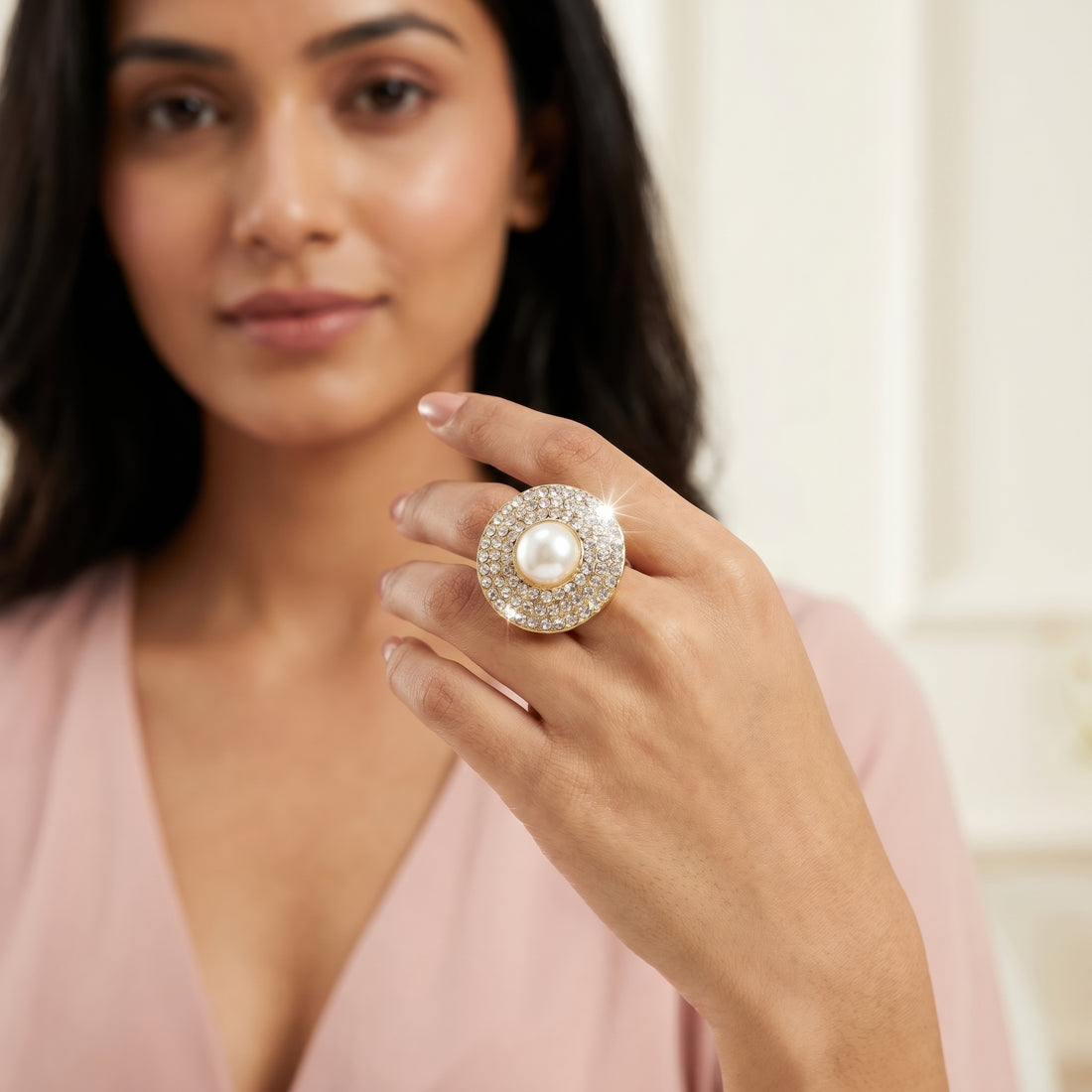 PRAO Ring Anti-Tarnish Cocktail With Pearl And Rhinestones (Adjustable Size)