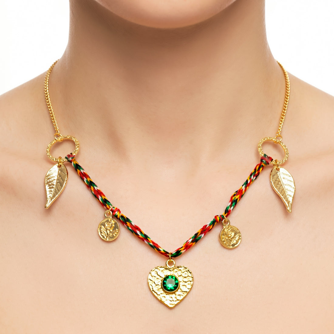 PRAO Necklace Anti-Tarnish Multicolor Cord Chain With Feather, Heart & Green Gem Pendant