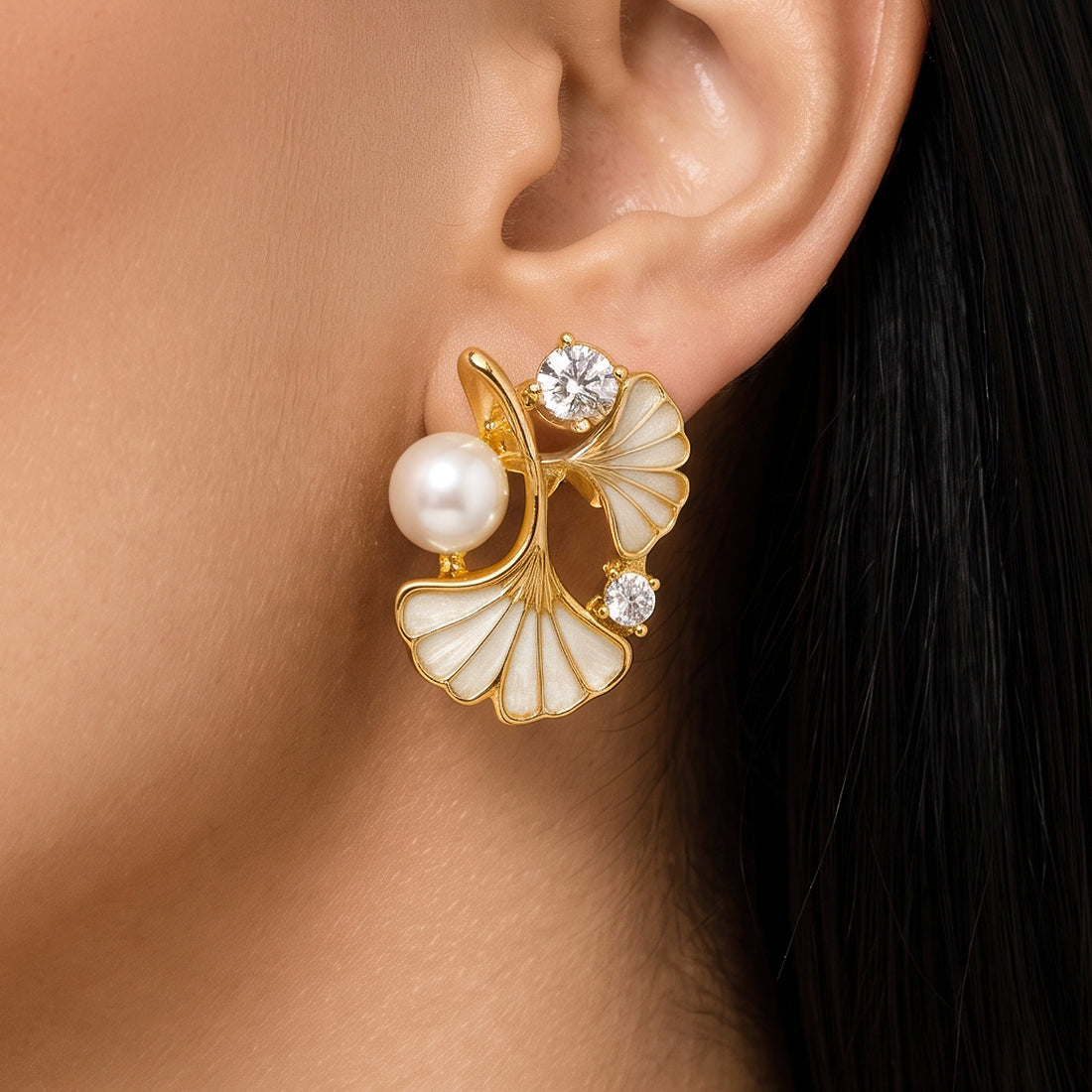 PRAO Earrings Anti-Tarnish Ginkgo Pearl Studs
