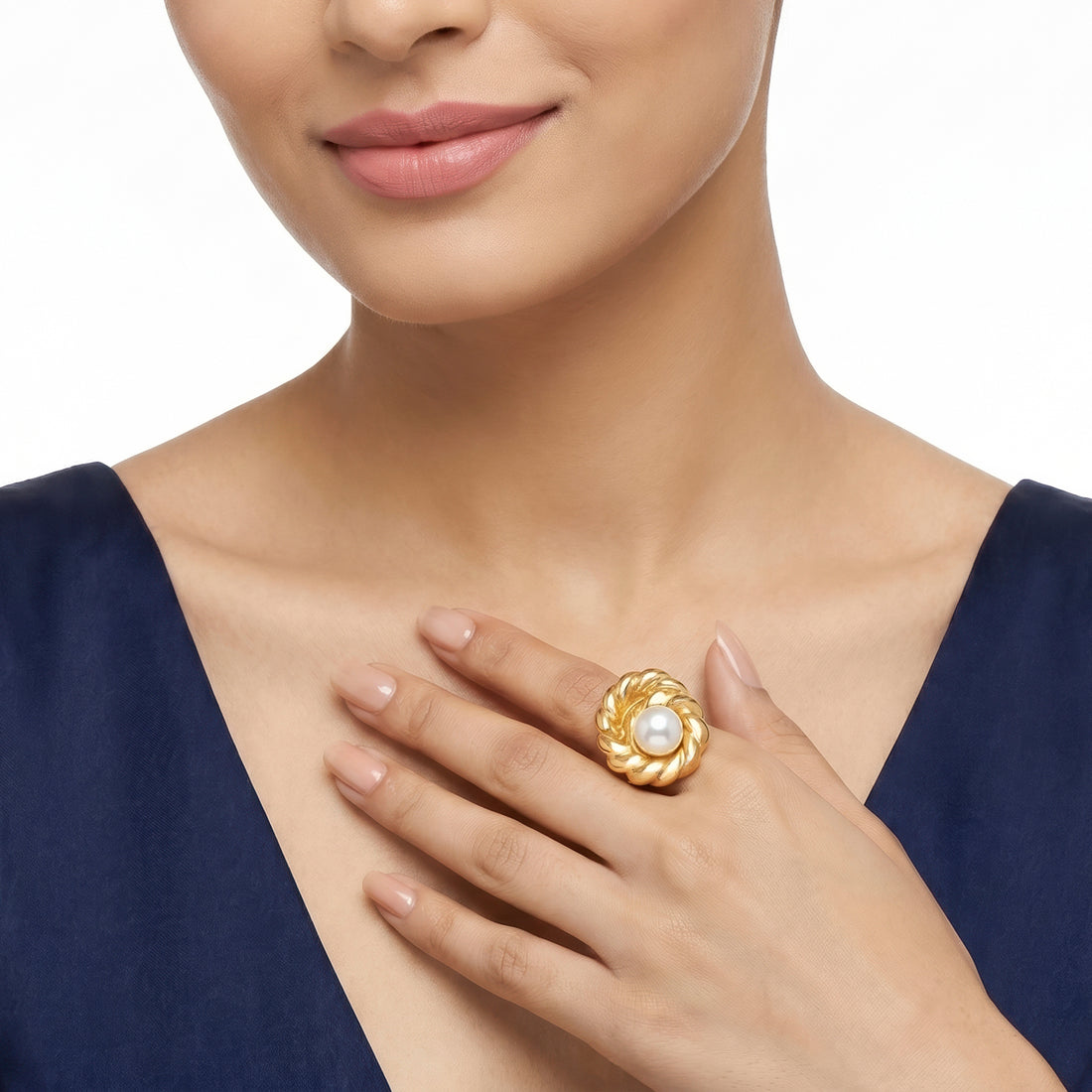 PRAO Ring Anti-Tarnish Ring Twisted Rope Pearl Statement (Adjustable Size)