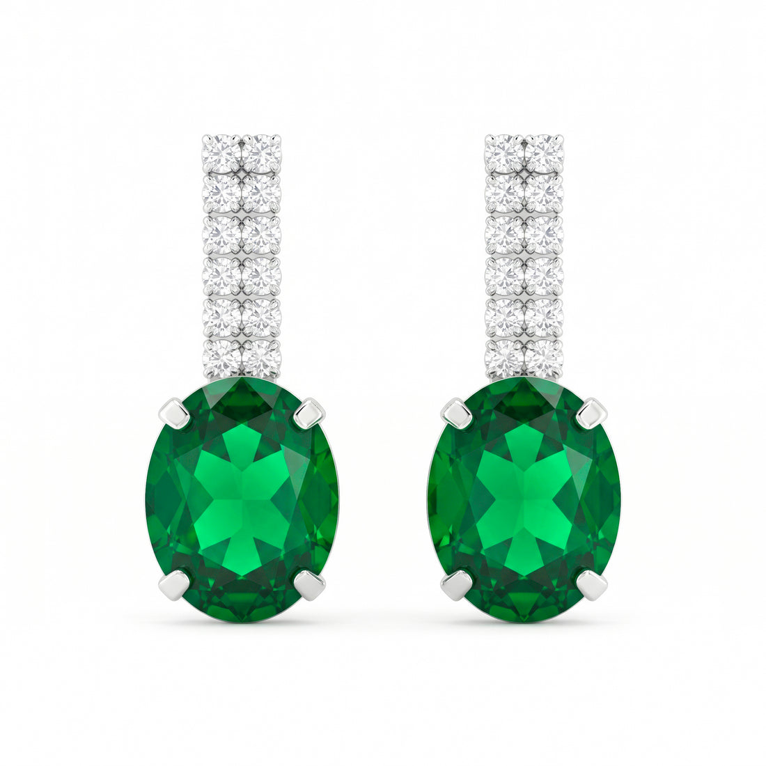 PRAO Earrings Anti-Tarnish Oval Green Gemstone Dangles With Double Crystal Rows