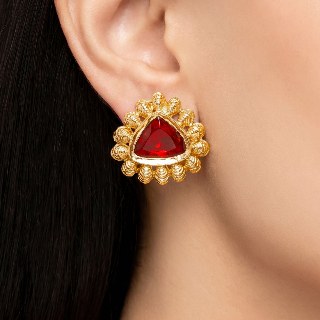 PRAO Earrings Anti-Tarnish Dark Red Triangular Stone Studs