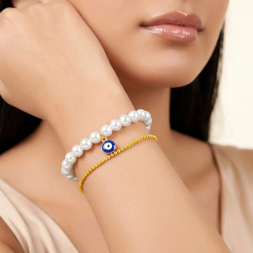PRAO Bracelet Anti-Tarnish Pearl Evil Eye Set (Adjustable Size)