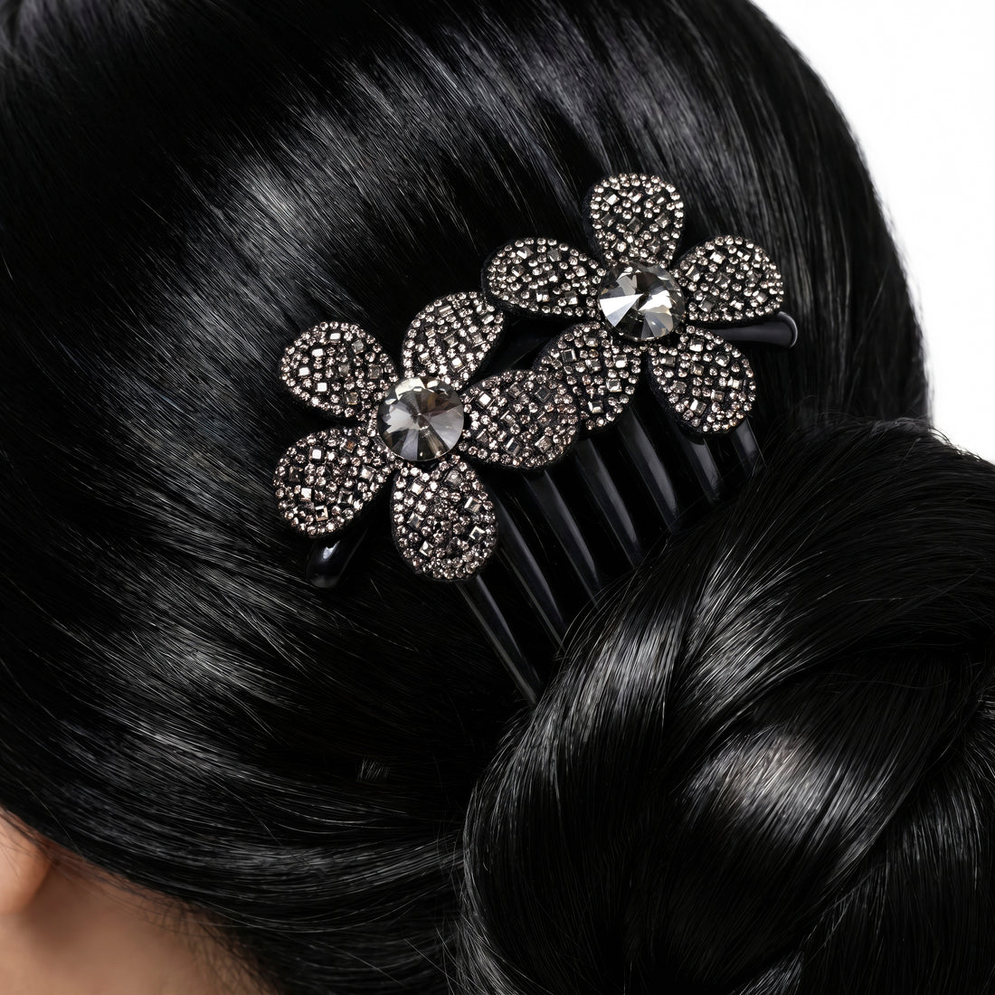 PRAO Hair Comb Sparkling Black Smokey Floral Pair Pavé Crystal Center Stone