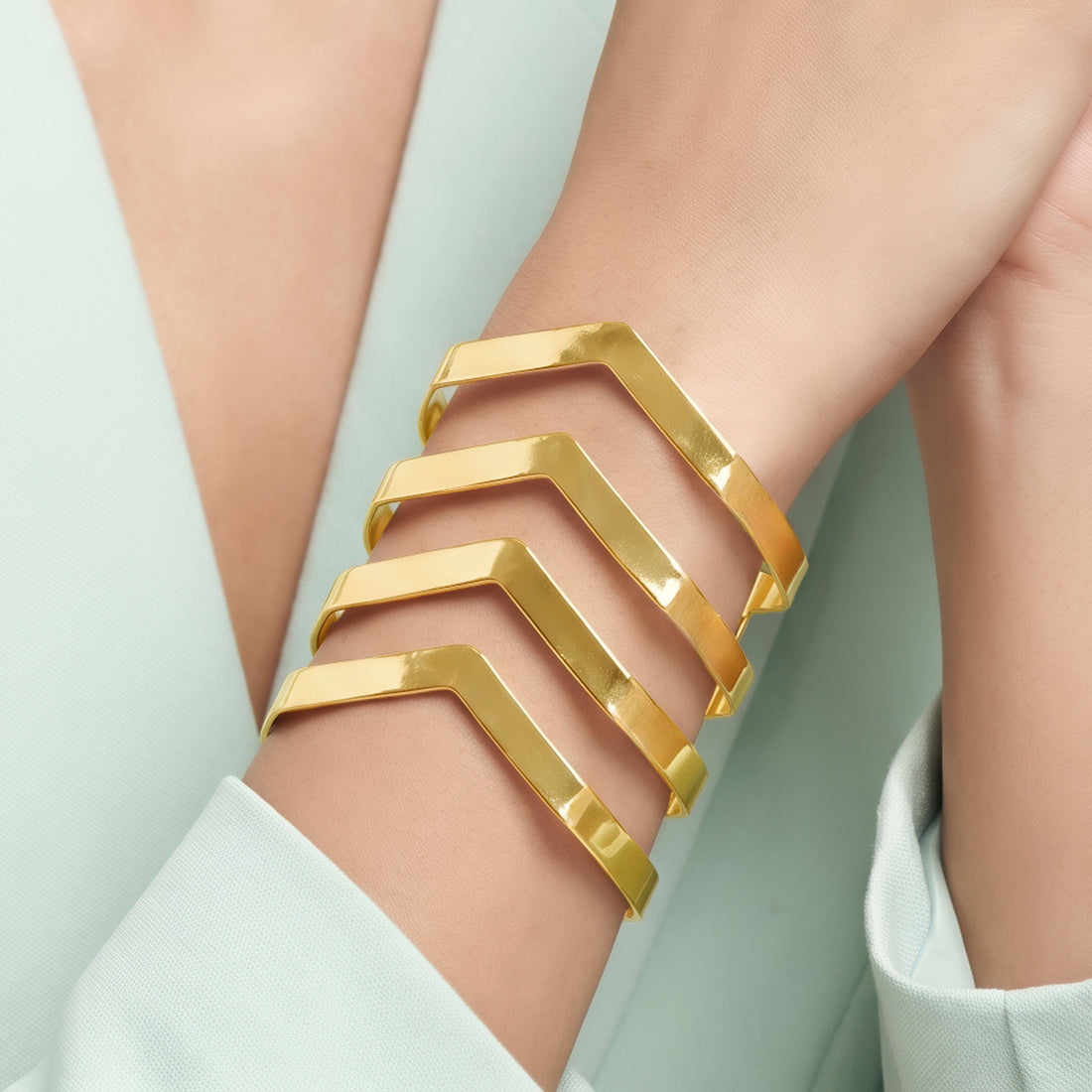 PRAO Bracelet Anti-Tarnish Multi-Chevron Geometric Cuff (Adjustable Size)
