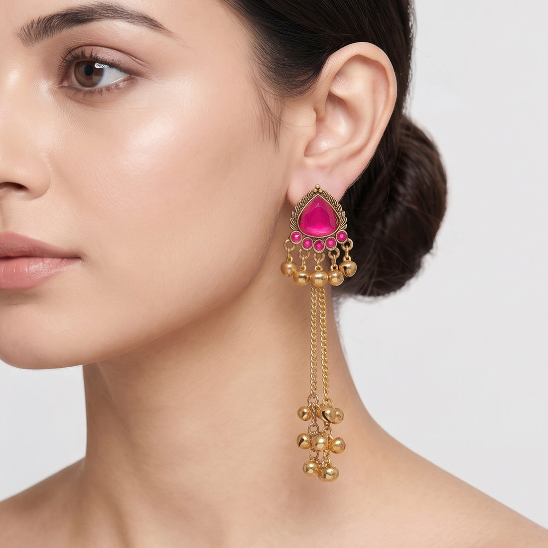 PRAO Earrings Anti-Tarnish Triangle Pink Crystal Dangles With Bell And Tiered Chain Accents
