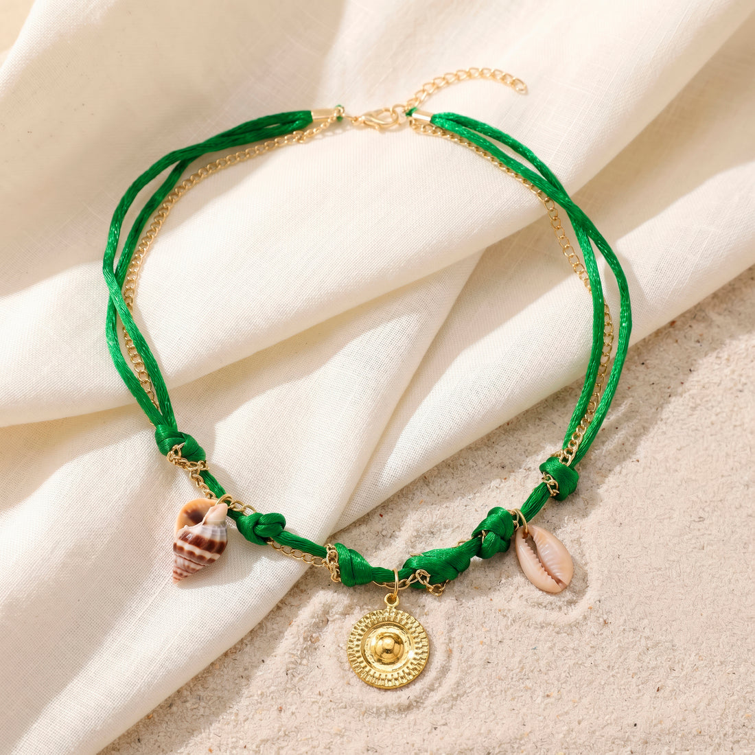 PRAO Necklace Anti-Tarnish Green Cord Choker With Shells & Textured Pendant