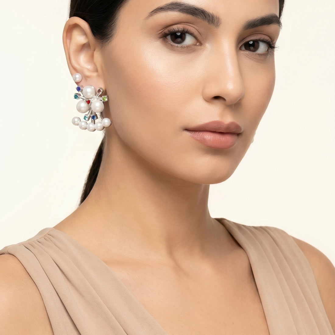 PRAO Earrings Anti-Tarnish Convertible Multi Colored Bouqette Faux Pearl