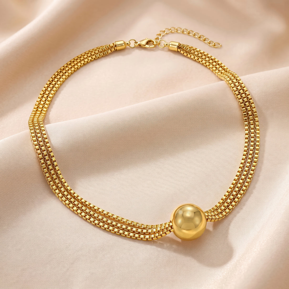 PRAO Necklace Anti-Tarnish Gold Plated Triple Layer Box Chains