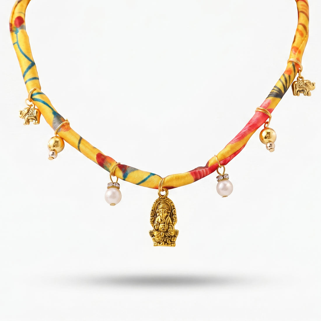 PRAO Necklace Anti-Tarnish Yellow Printed Fabric With Ganesha Pendant And Charms