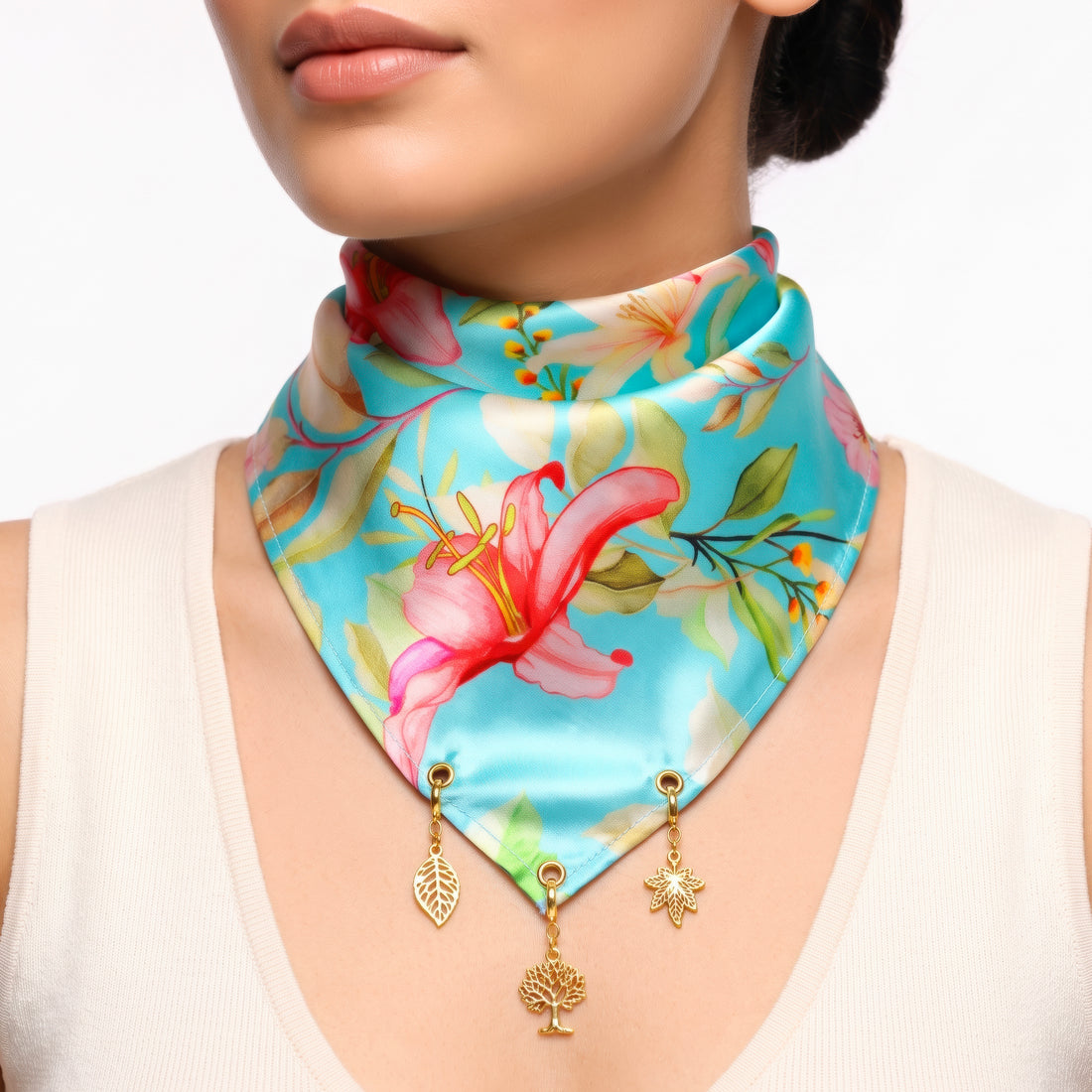 PRAO Scarf Necklace Anti-Tarnish Light Blue Satin Floral With Three Botanical Detachable Charms