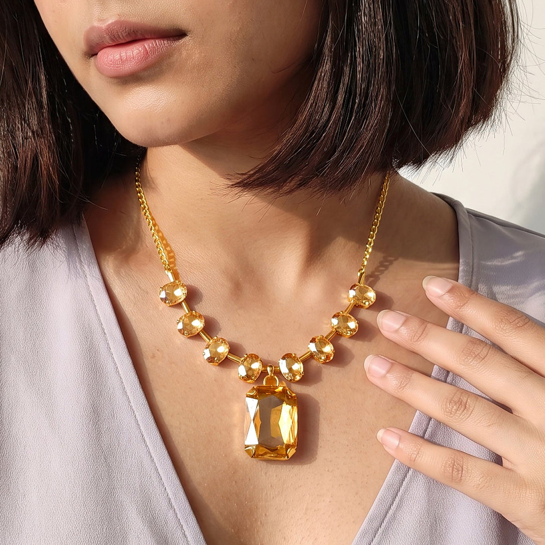 PRAO Necklace Anti-Tarnish Champagne Crystals Set