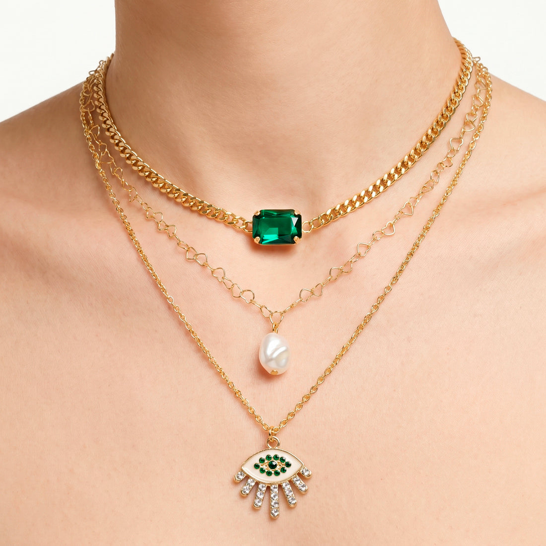 PRAO Necklace Anti-Tarnish Triple-Layer With Crystal, Faux Pearl And Evil Eye Pendants