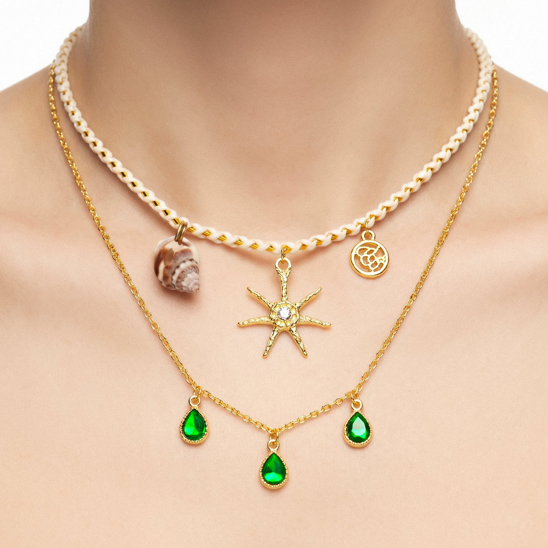 PRAO Necklace Anti-Tarnish Sunburst Charm & Green Gemstone Layered Chain