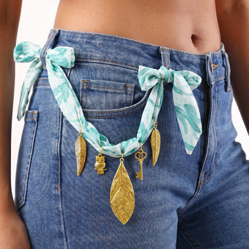 PRAO Necklace-Cum-Bracelet Anti-Tarnish Whimsical Blue And White Fabric Choker With Leaf, Owl And Key Charms