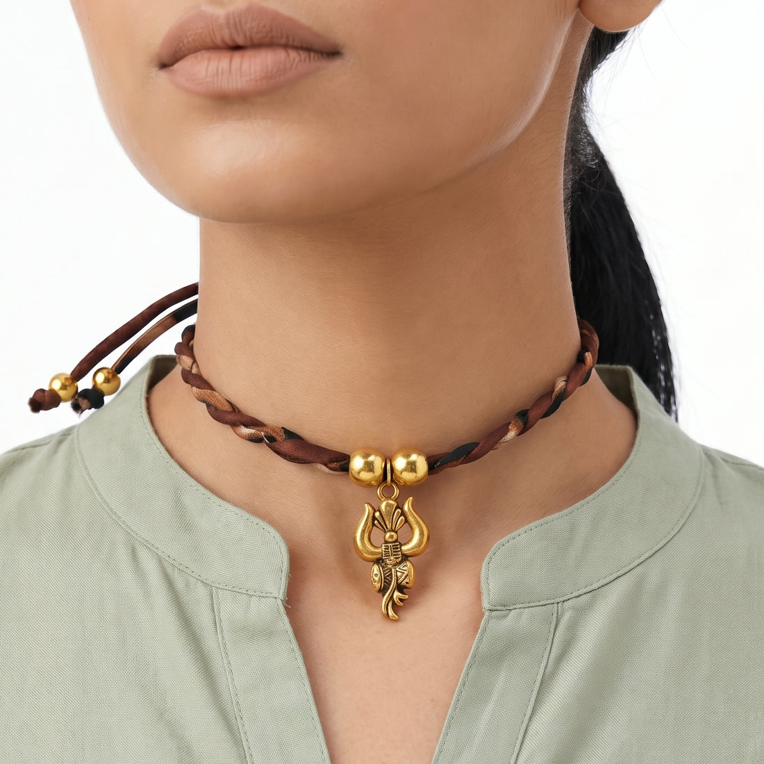 PRAO Necklace-Cum-Bracelet Anti-Tarnish Braided Brown Cord Choker With Golden Trishula Pendant & Accent Beads