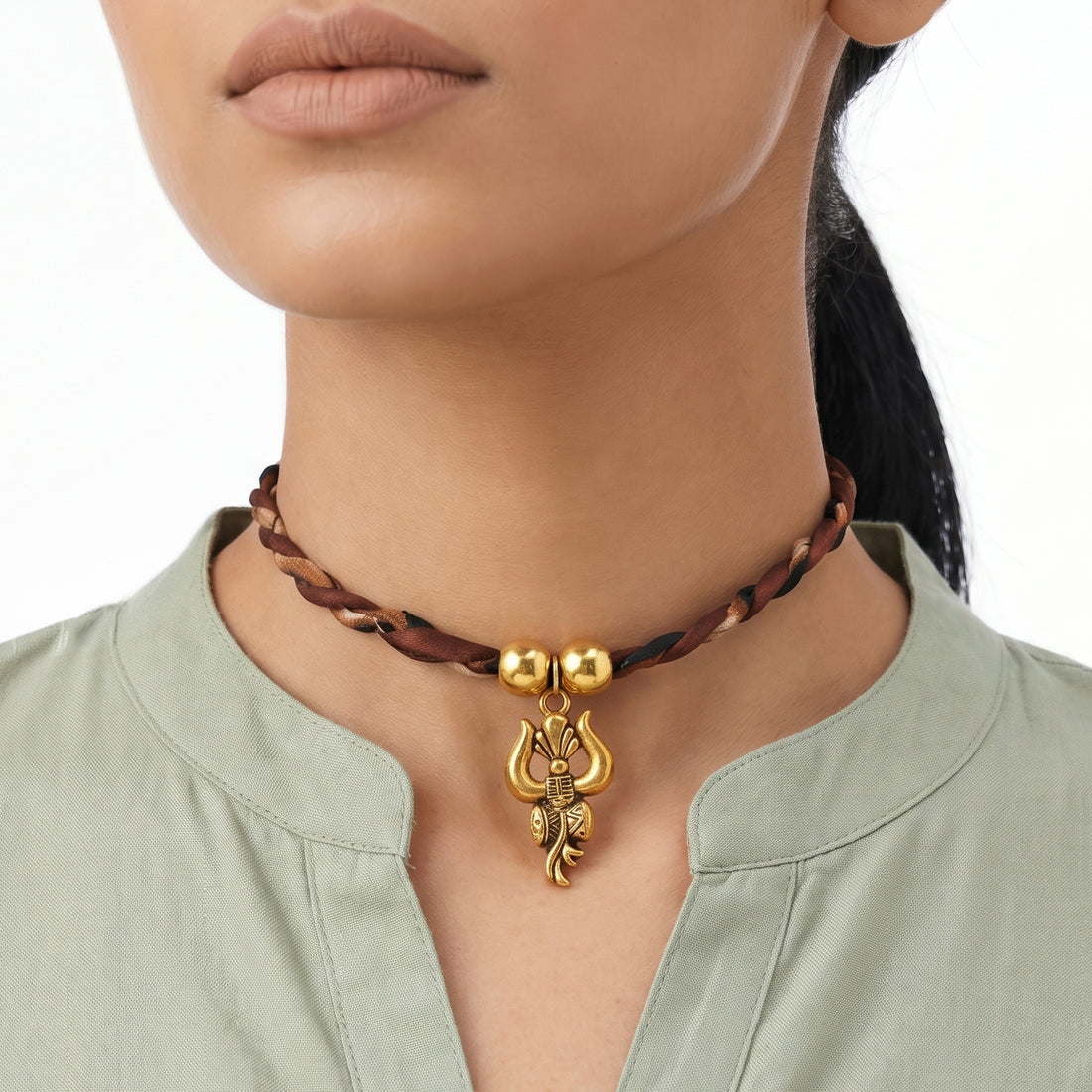 PRAO Necklace Cum Bracelet Anti-Tarnish Braided Brown Cord Choker With Golden Trishula Pendant & Accent Beads