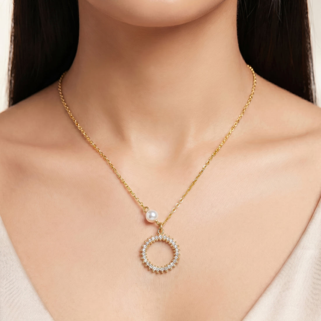 PRAO Necklace Anti-Tarnish Crystal Circle Pearl