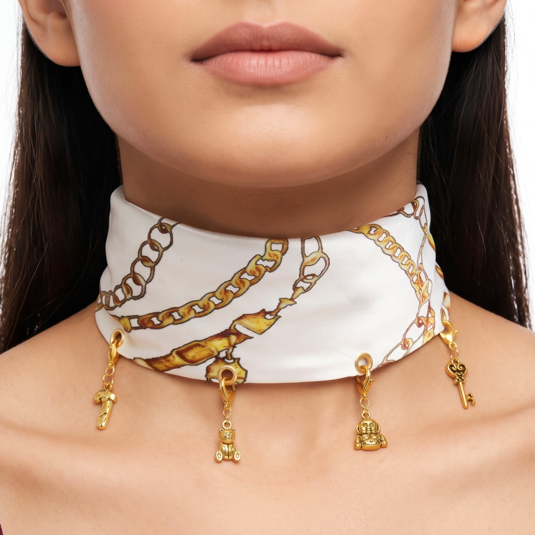 PRAO Scarf Necklace Anti-Tarnish White Print Satin Wrap With Four Decorative Clip-On Detachable Charms