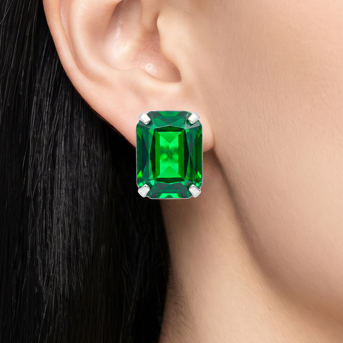 PRAO Earrings Anti-Tarnish Emerald-Cut Green Gemstone Studs
