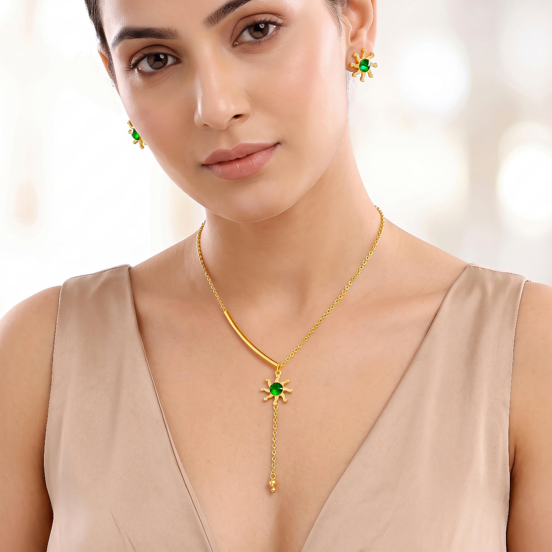 PRAO Necklace Anti-Tarnish Gold Plated Crystal Set With Earrings