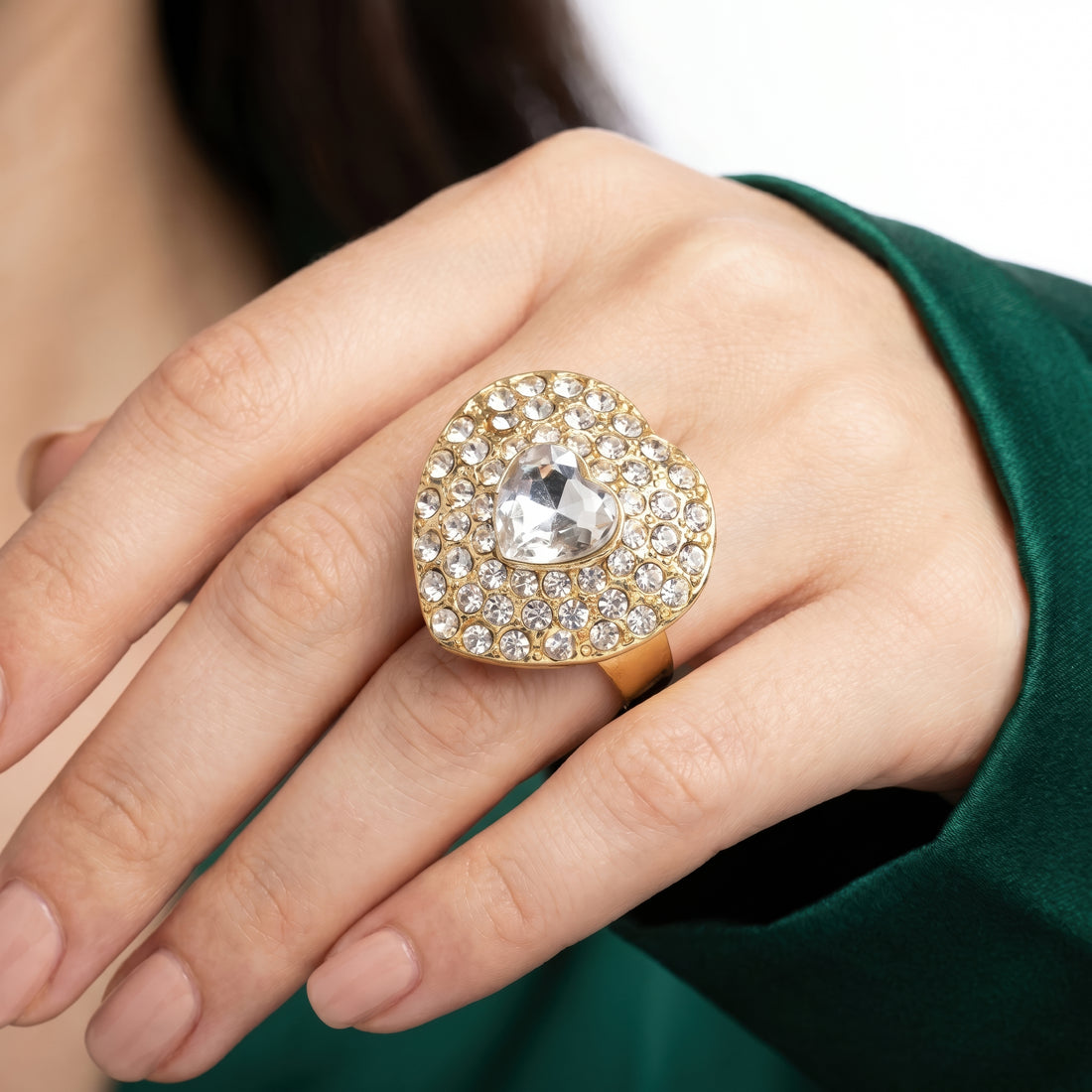 PRAO Ring Anti-Tarnish Heart-Shaped Crystal With Rhinestones (Adjustable Size)