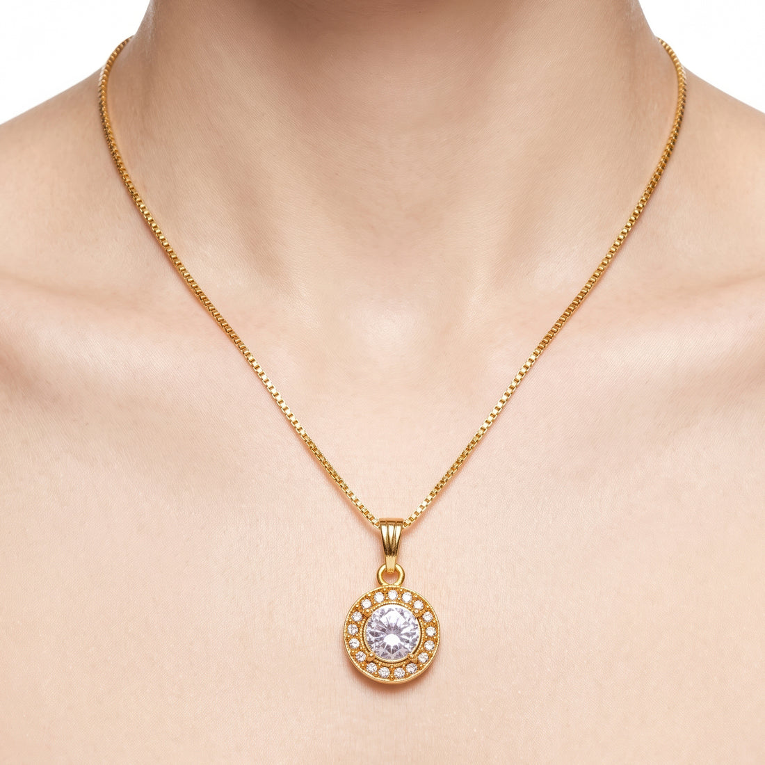 PRAO Necklace Anti-Tarnish Chain With Light Blue Stone Halo Pendant