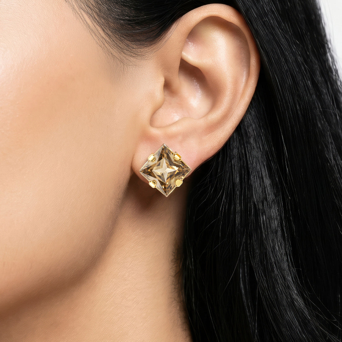 PRAO Earrings Anti-Tarnish Cushion Rhinestone Topaz Studs