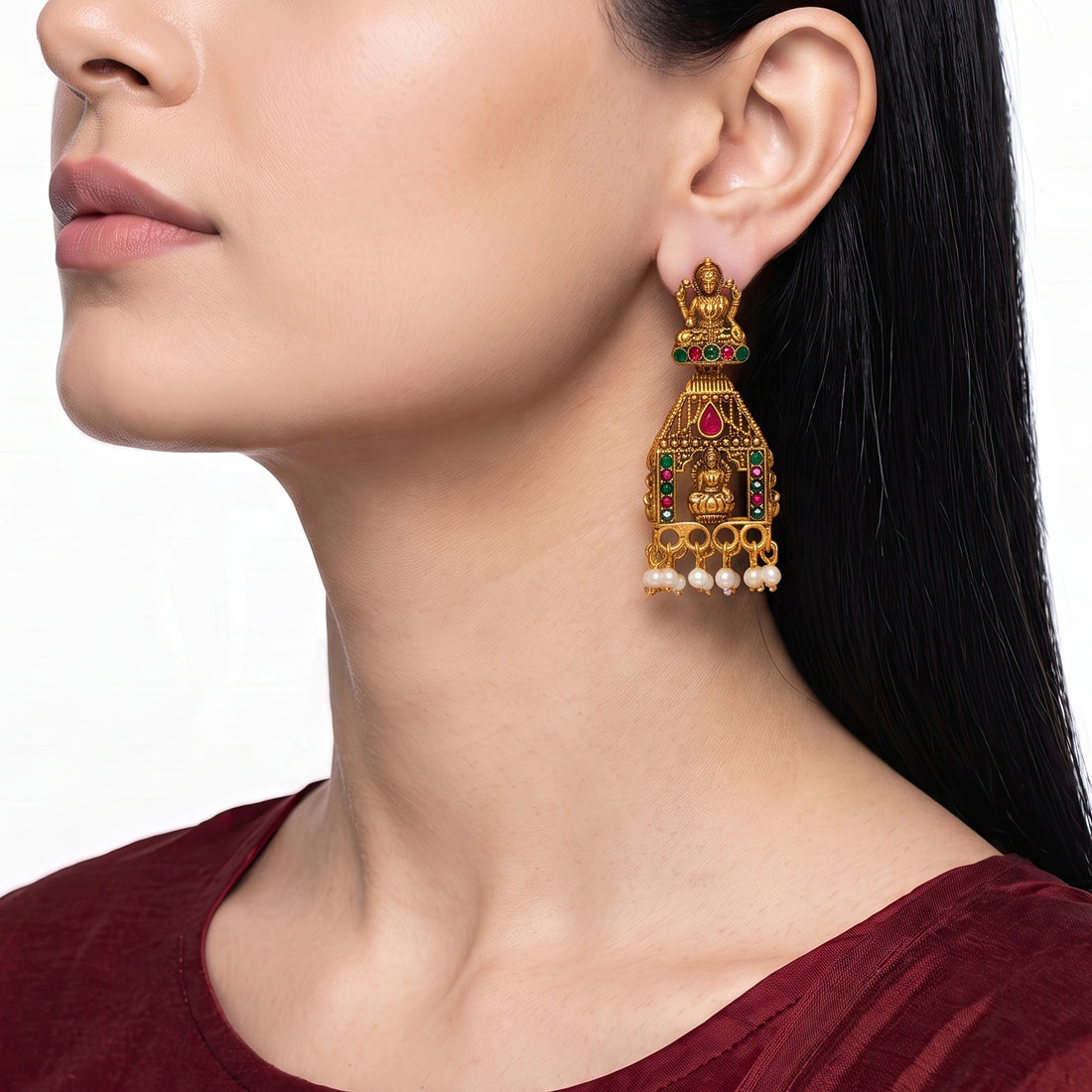 PRAO Earrings Anti-Tarnish Lakshmi Temple Dangles