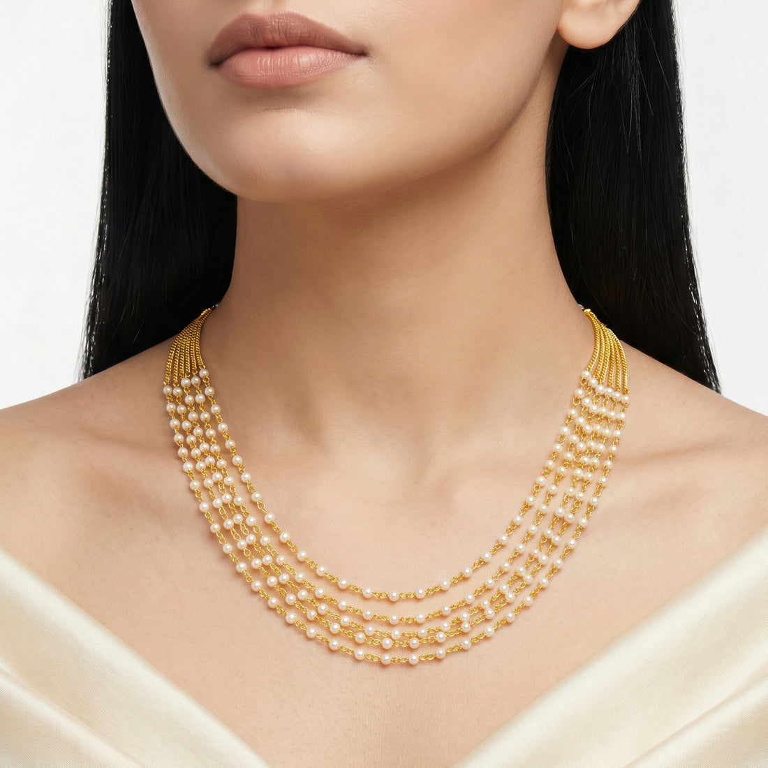 PRAO Necklace Anti-Tarnish Multi-Strand With White Pearl Beads