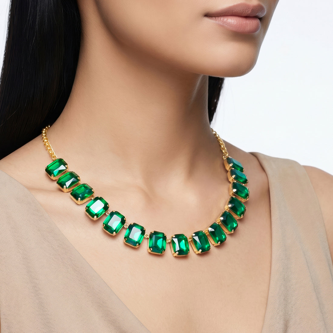 PRAO Necklace Anti-Tarnish Emerald Green Crystals Set