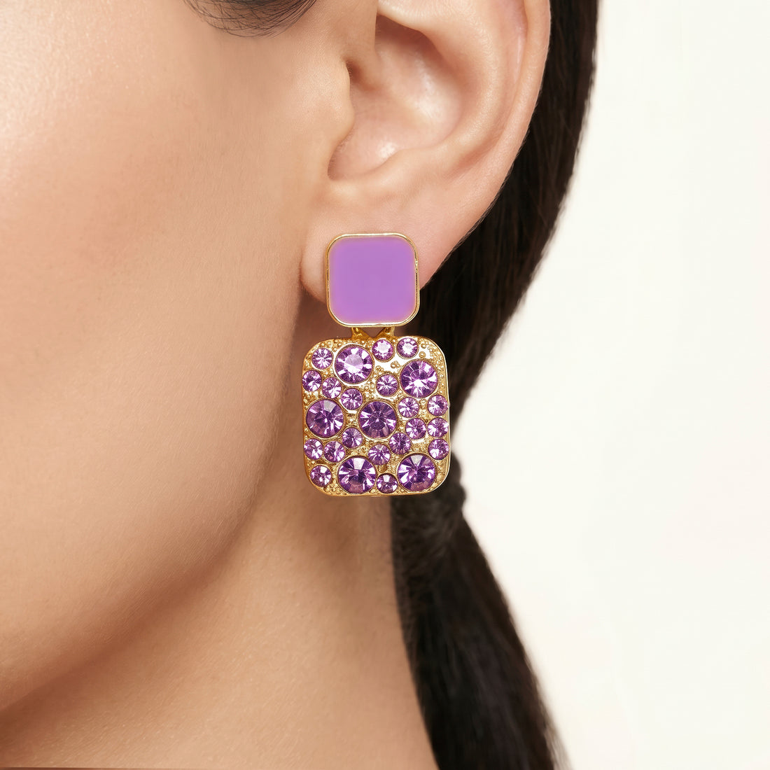 PRAO Earrings Anti-Tarnish Drop With Purple Square Studs And Crystal Rectangular Pendants