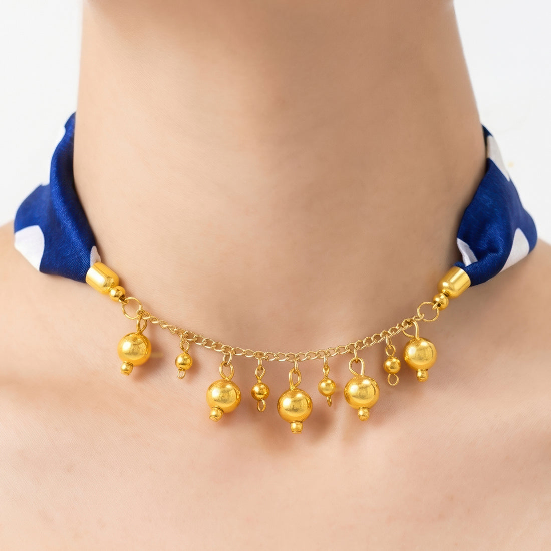 PRAO Necklace Cum Bracelet Anti-Tarnish Navy Blue Polka Dot Scarf With Dangling Bead Chain