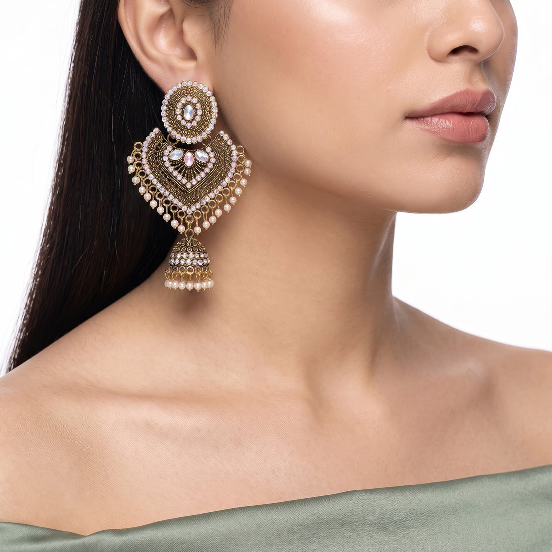 PRAO Earrings Anti-Tarnish Antique Filigree Jhumka Dangles With Crystal Studs And Pearl Drops
