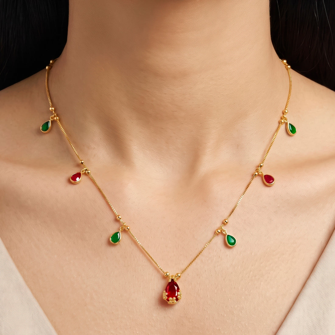 PRAO Necklace Anti-Tarnish Ruby Teardrop Chain