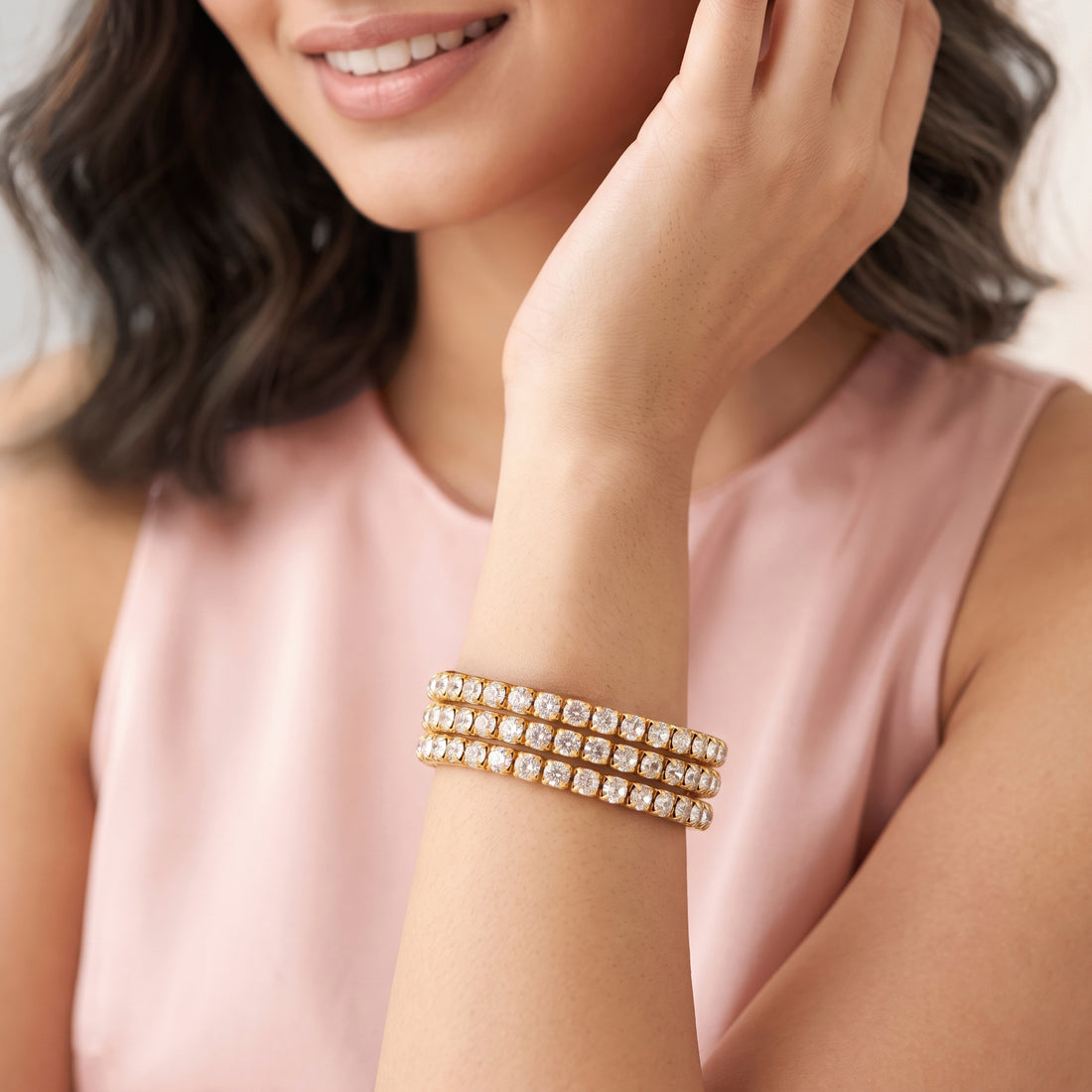 PRAO Bracelet Anti-Tarnish Multi-Row Crystal Stretch Cuff With Square Prong Setting (Adjustable Size)