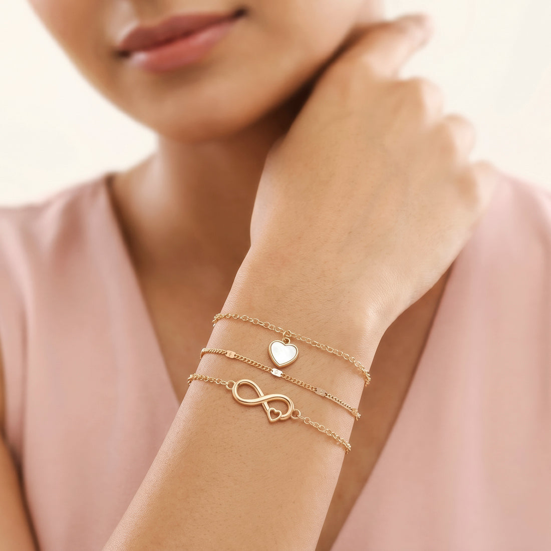 PRAO 3 Bracelet Anti-Tarnish Chain Set With Infinity And Heart Charms (Adjustable Size)