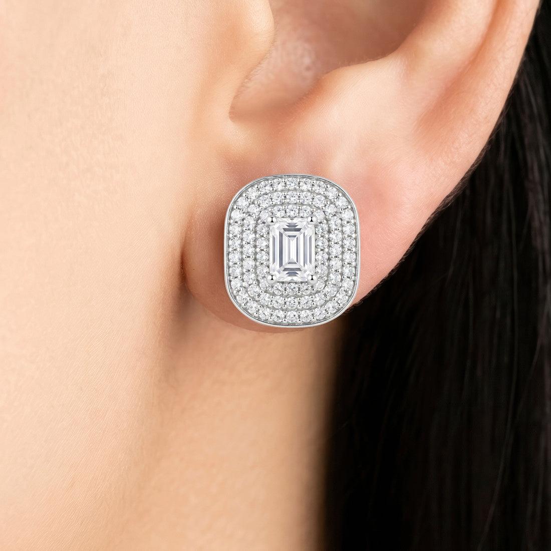 PRAO Earrings Anti-Tarnish Halo Studs With Emerald-Cut Stone