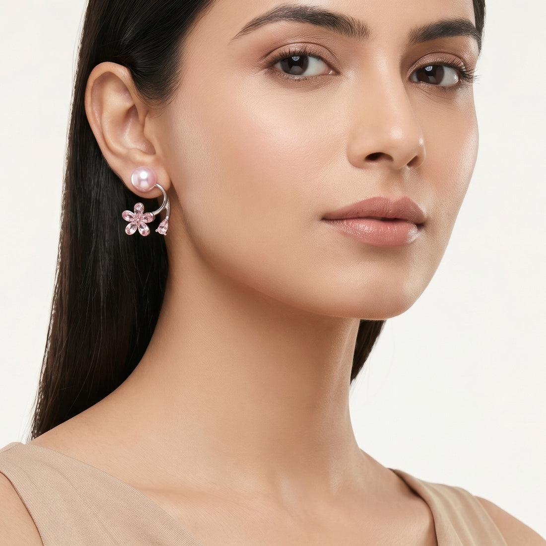 PRAO Earrings Anti-Tarnish Pink Floral Pearl Jacket
