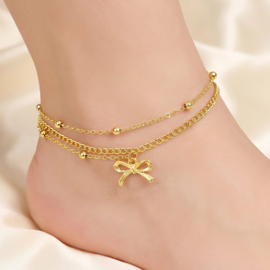 PRAO Anklet Anti-Tarnish Layered Bow Charm