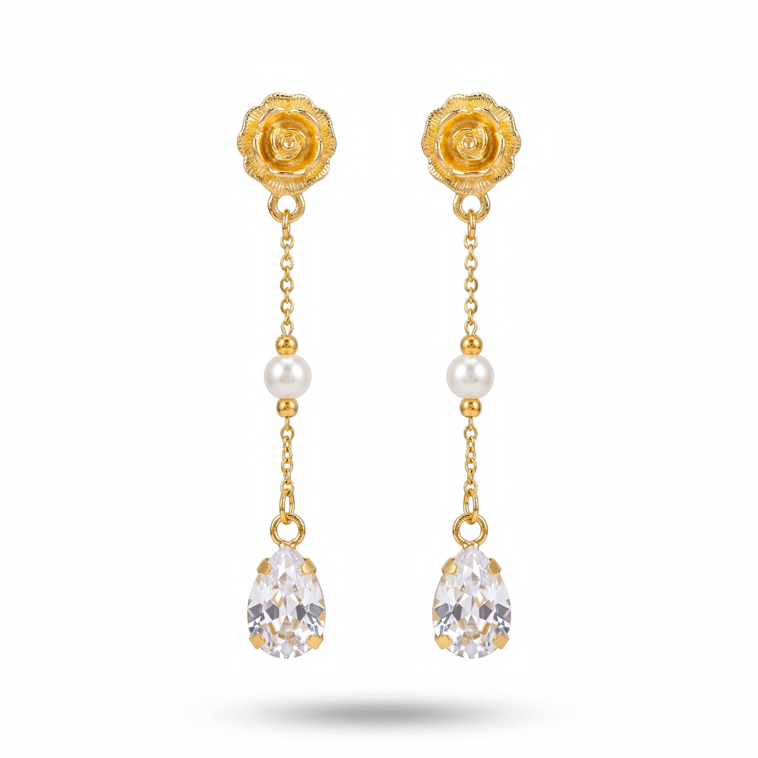 PRAO Earrings Anti-Tarnish Rose Dangles With Pearls And Teardrop Crystal